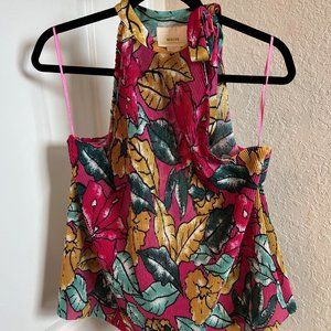 Anthropologie Maeve Sz L Fuchsia Gold Leaf Print Pleated Halter - FREE SHIPPING!